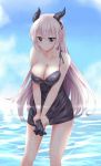  1girl black_dress blush breasts cleavage demon_horns dress horns large_breasts long_hair looking_at_viewer miyuki_rei original pointy_ears silver_hair solo strap_slip violet_eyes water wet wringing_clothes 