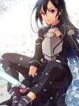  1boy black_hair boots fingerless_gloves gloves kirito kirito_(sao-ggo) long_hair looking_at_viewer pochi_(pochi-goya) sitting sword_art_online trap violet_eyes weapon 