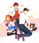  1girl 2boys animal_ears black_eyes black_hair black_legwear bow fake_animal_ears gekkan_shoujo_nozaki-kun hair_bow highres looking_back mikoshiba_mikoto multiple_boys nozaki_umetarou open_mouth orange_hair paw_pose polka_dot polka_dot_bow rabbit_ears red_eyes redhead sakura_chiyo school_uniform serafuku smile star tanuki thigh-highs tiahszld violet_eyes 