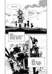  5girls comic double_bun eyepatch folded_ponytail hair_bobbles hair_ornament hairclip headgear highres ikazuchi_(kantai_collection) inazuma_(kantai_collection) kantai_collection konno_takashi_(frontier_pub) machinery mechanical_halo monochrome multiple_girls naka_(kantai_collection) neck_ribbon ribbon sazanami_(kantai_collection) school_uniform serafuku short_hair silhouette standing_on_water sword tatsuta_(kantai_collection) tenryuu_(kantai_collection) torn_clothes translation_request twintails weapon 