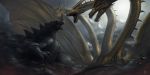  airplane godzilla godzilla_(series) highres jet kaijuu king_ghidorah monster multiple_heads no_humans open_mouth sky smoke wings 