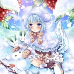  1girl blue_eyes blue_hair bowtie hoodie long_hair looking_at_viewer mittens nogi_takayoshi open_mouth original sitting snow snow_bunny snowing snowman solo 