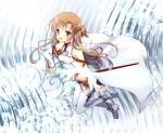  1girl asuna_(sao) breastplate brown_eyes brown_hair chize detached_sleeves long_hair sword sword_art_online thigh-highs weapon yuuki_asuna 