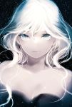 1girl bare_shoulders breasts bust cleavage collarbone light_smile long_hair lp_(hamasa00) original pale_skin see-through solo space white_eyes white_hair 