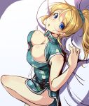  1girl ajishio ayase_eli blonde_hair blue_eyes blush china_dress chinese_clothes long_hair looking_at_viewer love_live!_school_idol_project lying ponytail smile solo 