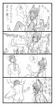  4koma admiral_(kantai_collection) bbb_(friskuser) comic eyepatch hat headgear highres kantai_collection monochrome multiple_girls necktie partially_translated peaked_cap school_uniform simple_background tenryuu_(kantai_collection) thigh-highs translation_request 