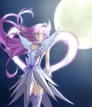  1girl boots choker cure_moonlight dress earrings eyelashes gacchahero grey_eyes hair_ornament happy heart heartcatch_precure! jewelry knee_boots kneehighs long_hair looking_at_viewer magical_girl moon night night_sky precure purple_dress purple_hair ribbon sky smile solo standing star_(sky) starry_sky super_silhouette_(heartcatch_precure!) tsukikage_yuri wrist_cuffs 
