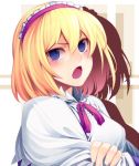  1girl alice_margatroid angry blonde_hair blue_eyes blush bow capelet crossed_arms hairband lolita_hairband looking_at_viewer open_mouth portrait shikihara_mitabi short_hair simple_background solo touhou 