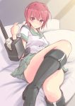  1girl bare_legs blush boots highres kantai_collection kinu_(kantai_collection) looking_at_viewer red_eyes redhead school_uniform serafuku short_hair skirt smile solo wa_(genryusui) 