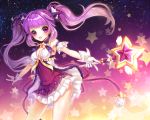  1girl aisha_(elsword) choker elsword gloves haruya_(lajoon) long_hair payot pleated_skirt purple purple_background purple_hair ribbon_choker skirt smile solo star starry_background twintails violet_eyes wand white_gloves 