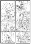  4koma bbb_(friskuser) claws comic eating food hair_ornament hair_ribbon hamburger_steak headgear highres horn kantai_collection mamiya_(kantai_collection) monochrome multiple_girls omelet ramen ribbon rice_bowl seaport_hime shinkaisei-kan simple_background table tearing_up tofu translation_request yukikaze_(kantai_collection) 