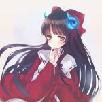  1girl blush brown_hair eiyuu_senki furayu_(flayu) green_eyes hair_ribbon hands_clasped hime_cut himiko_(eiyuu_senki) japanese_clothes long_hair magatama miko ribbon 