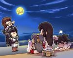  5girls =_= akagi_(kantai_collection) black_hair brown_eyes brown_hair chibi detached_sleeves elbow_gloves fang fingerless_gloves food gloves hand_on_another&#039;s_head haruna_(kantai_collection) hisahiko ikazuchi_(kantai_collection) japanese_clothes kaga_(kantai_collection) kantai_collection mochi moon multiple_girls nagato_(kantai_collection) nontraditional_miko open_mouth pantyhose pointing red_eyes side_ponytail sitting standing_on_shoulder thigh-highs wagashi wide_sleeves yellow_eyes 