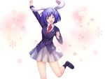  1girl animal_ears blazer blue_hair catbell leg_lift necktie open_mouth rabbit_ears raised_hand reisen smile solo touhou 