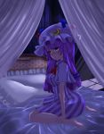  1girl 3692materia ascot bed blush breasts canopy_bed capelet crescent_moon dress hat hat_ornament highres large_breasts long_hair looking_at_viewer moon patchouli_knowledge pillow purple_hair sitting solo striped striped_dress touhou violet_eyes wariza 