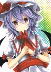  1girl akisome_hatsuka ascot bat_wings flower from_below hat holding looking_at_viewer mob_cap purple_hair red_eyes remilia_scarlet rose short_hair smile solo touhou wings wrist_cuffs 