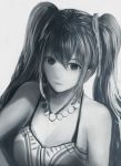  1girl bangs bou_nin breasts cleavage dress greyscale jewelry long_hair monochrome necklace simple_background solo tagme white_background 