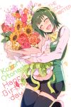  1girl :d ^_^ black_legwear blush bouquet bowtie character_name closed_eyes copyright_name flower green_hair hairband happy_birthday heart idolmaster long_sleeves mole open_mouth otonashi_kotori redrop short_hair signature smile solo thigh-highs vest 