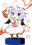  1girl :d akisome_hatsuka ascot bat_wings black_legwear card chibi hat holding looking_at_viewer mob_cap open_mouth purple_hair red_eyes remilia_scarlet shoes short_hair smile solo spear_the_gungnir touhou wings 