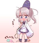  1girl blue_eyes blush crying crying_with_eyes_open gradient gradient_background hat ice_cream_cone japanese_clothes kariginu marshmallow_mille mononobe_no_futo open_mouth ponytail silver_hair simple_background solo tate_eboshi tears touhou translation_request trembling wavy_mouth 