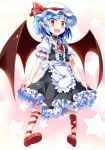  1girl alternate_costume apron ascot bat_wings black_dress blue_hair brooch dress e.o. enmaided hat jewelry leg_ribbon maid mob_cap open_mouth pointy_ears puffy_short_sleeves puffy_sleeves red_eyes remilia_scarlet shirt short_sleeves smile solo touhou waist_apron wings 