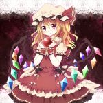  1girl adapted_costume alternate_costume apple blonde_hair bow dress flandre_scarlet food frills fruit fuuen_(akagaminanoka) hat hat_ribbon highres mob_cap parted_lips puffy_short_sleeves puffy_sleeves red_dress red_eyes ribbon shirt short_sleeves side_ponytail solo touhou wings wrist_cuffs 