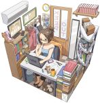  1girl air_conditioner basket bookshelf brown_eyes brown_hair cat chair clock clothes_hanger computer computer_mouse controller cup green-framed_glasses hair_ornament hairclip isometric itou_(mogura) jacket laptop mirror mousepad mug original pocky remote_control shelf solo strap_slip striped_tank_top table television trash_can vaio 