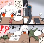  !? 1boy 1girl abyssal_admiral_(kantai_collection) ahoge airplane comic commentary_request desk horns i_b_b_e kantai_collection long_hair mittens northern_ocean_hime peeking_out red_eyes shinkaisei-kan sparkle translation_request white_hair white_skin 