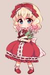  1girl blonde_hair blue_eyes bow carrying drill_hair flower hair_bow hair_ribbon lolita_fashion looking_at_viewer marshmallow_mille medicine_melancholy ribbon simple_background smile solo touhou 