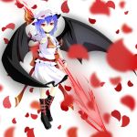  1girl akisome_hatsuka ascot bat_wings blue_hair blurry depth_of_field hat holding looking_at_viewer mob_cap petals red_eyes remilia_scarlet short_hair solo spearow touhou wings wrist_cuffs 
