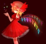  1girl adapted_costume blonde_hair darkness dress flandre_scarlet glowing glowing_wings hat hat_ribbon mob_cap puffy_short_sleeves puffy_sleeves red_dress red_eyes ribbon see-through shaded_face short_sleeves slit_pupils solo star touhou uma_(ninjin_misaki) wings 
