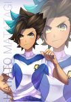  1boy absurdres aqua_hair brown_hair character_name earth_eleven highres inazuma_eleven_(series) inazuma_eleven_go inazuma_eleven_go_galaxy lightning_bolt maian male matatagi_hayato multicolored_hair short_hair soccer_uniform solo sportswear two-tone_hair zoom_layer 