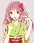  1girl alternate_hair_length alternate_hairstyle flower hair_flower hair_ornament hieda_no_akyuu hime_cut japanese_clothes kimono long_hair looking_at_viewer open_mouth purple_background purple_hair ribbon simple_background solo touhou tsukino_(kjdhfap) violet_eyes 