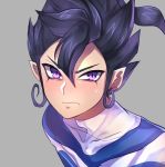  1boy blue_hair earth_eleven face grey_background inazuma_eleven_(series) inazuma_eleven_go inazuma_eleven_go_galaxy looking_at_viewer maian male manuuba_gibutsu pointy_ears simple_background soccer_uniform solo sportswear violet_eyes 