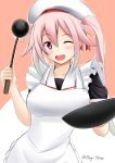  1girl ;d apron frying_pan fuuma_nagi hair_ornament harusame_(kantai_collection) hat holding kantai_collection ladle long_hair looking_at_viewer one_eye_closed open_mouth pink_eyes pink_hair school_uniform serafuku side_ponytail smile solo 