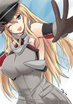 1girl ;d bismarck_(kantai_collection) blonde_hair blue_eyes breasts brown_gloves detached_sleeves dutch_angle fuuma_nagi gloves hat kantai_collection long_hair looking_at_viewer one_eye_closed open_mouth peaked_cap smile solo 
