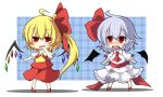  2girls :d ahoge akisome_hatsuka ascot bat_wings blush bow chibi detached_wings flandre_scarlet hair_bow hair_ribbon long_hair looking_at_viewer multiple_girls open_mouth pointy_ears red_eyes remilia_scarlet ribbon short_hair side_ponytail silver_hair smile touhou wings 