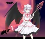  1girl akisome_hatsuka ascot bat bat_wings hat holding looking_at_viewer mob_cap polearm purple_hair red_eyes remilia_scarlet short_hair smile solo spear touhou weapon wings wrist_cuffs 