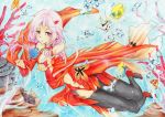  1girl bare_shoulders black_legwear breasts center_opening cleavage coral detached_sleeves elbow_gloves fingerless_gloves fish gloves guilty_crown hair_ornament hairclip highres long_hair looking_at_viewer navel pink_hair red_eyes solo thigh-highs twintails underwater yuzuriha_inori 