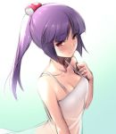  1girl akira_(natsumemo) alternate_costume alternate_hairstyle bare_shoulders blush breasts casual cleavage dress jewelry light_smile long_hair lowres natsume_(pokemon) poke_ball_theme pokemon pokemon_(game) ponytail purple_hair red_eyes ring solo white_dress 