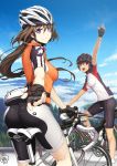  2girls :d arm_up ass bangs bicycle bicycle_helmet bike_jersey bike_shorts black_hair blue_sky bracelet breasts brown_hair chin_strap clouds cover fanny_pack fingerless_gloves floating_hair from_behind gloves grey_hair hair_between_eyes helmet jewelry kneepits light_smile long_hair long_riders looking_at_viewer looking_back low_ponytail multiple_girls nail_polish open_mouth outdoors outstretched_hand ponytail profile purple_hair red_eyes riding road shima_udon short_hair short_sleeves signature sky smile socks sportswear tree violet_eyes waving 