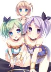  1boy 3girls :d bare_shoulders bent_over blonde_hair blue_eyes blush character_request choker green_hair hair_ribbon hands_together hyakuren_no_haou_to_seiyaku_no_sen_otomoe multiple_girls open_mouth out_of_frame pov purple_hair ribbon short_hair side_ponytail smile sparkle taletale violet_eyes wrist_cuffs 
