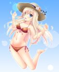  1girl absurdres bikini blonde_hair blue_eyes hat highres jumping long_hair mami_(hanyumaru) original sun_hat swimsuit 
