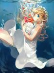  1girl blonde_hair blue_eyes bubble dress flower long_hair moekon original solo underwater water 
