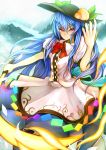  &gt;:/ 1girl blue_hair bowtie food fruit hat hinanawi_tenshi holding long_hair looking_at_viewer peach red_eyes solo sword sword_of_hisou teko touhou weapon 