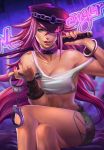  1girl abs breasts carlos_morilla cleavage collar crossed_legs cuffs denim denim_shorts handcuffs hat highres licking_lips lips long_hair neon_lights off_shoulder peaked_cap pink_hair poison_(final_fight) riding_crop short_shorts shorts sitting solo street_fighter tank_top teeth 