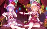  2girls ascot barefoot bat_wings blonde_hair couch dress flandre_scarlet glowing glowing_wings hat hat_ribbon mob_cap multiple_girls pink_eyes purple_hair red_dress remilia_scarlet ribbon siblings side_ponytail sisters sitting stained_glass touhou white_dress wings 
