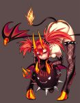  1girl :3 bent_over breasts character_request demon_horns demon_wings fire g_otto highres horns looking_at_viewer lucent_heart polearm red_eyes redhead short_hair simple_background smile solo tail thigh-highs trident twintails weapon wings 