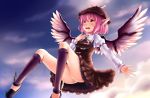  1girl :d anata_(lighttuner) bird_wings dress frilled_dress frilled_sleeves frills hat highres long_sleeves mystia_lorelei open_mouth outstretched_arm pink_eyes pink_hair shirt short_hair singing smile solo touhou 