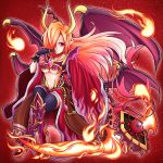  1girl black_gloves blonde_hair breasts crossed_legs demon_horns demon_tail demon_wings detached_sleeves gloves hair_over_one_eye highres holding horns long_hair looking_at_viewer navel original parted_lips pointy_ears red_eyes scythe sitting smile solo tail teko underboob wings 